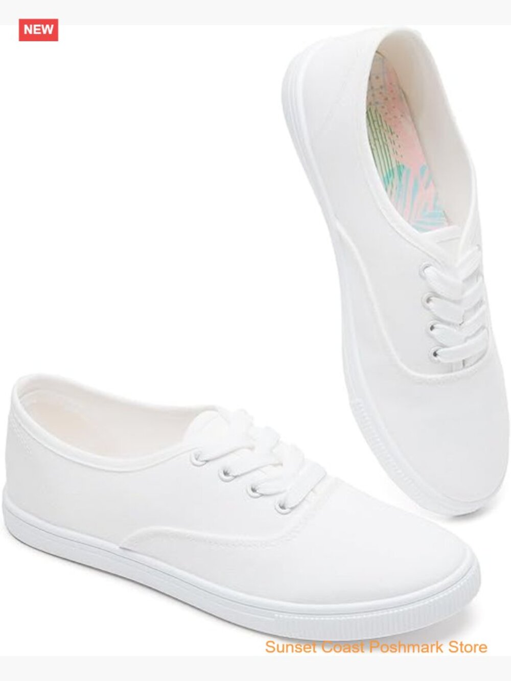 Womens Classic White Low Top Lightweight Casual Canvas Sneakers Lace Up Floral
